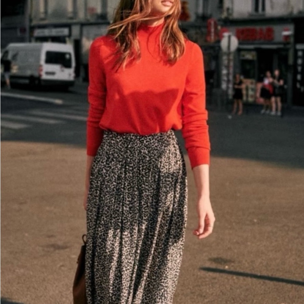 Sezane Pleated Leopard Print Midi Skirt - Elastic Waist